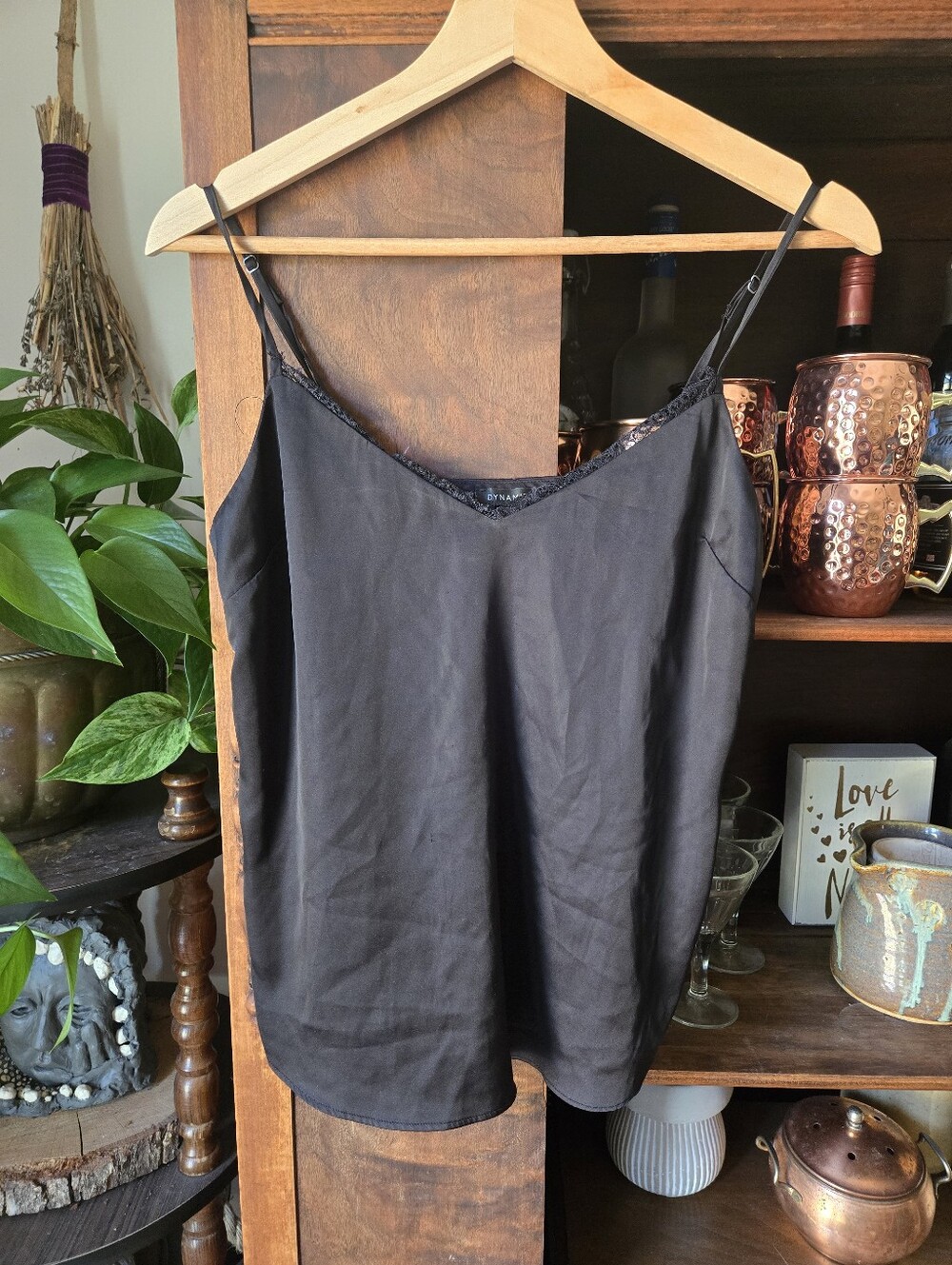 3/$20 DYNAMITE Black Satin Spagetti Strap Cami with Lace Trim at Bust, xsmall